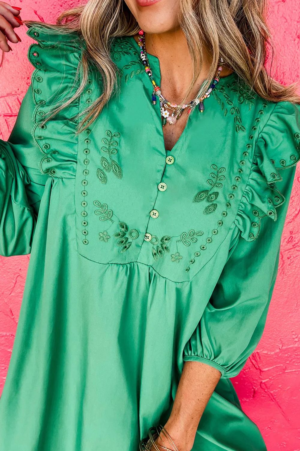 Embroidered Ruffled Notched Three-Quarter Sleeve Dress