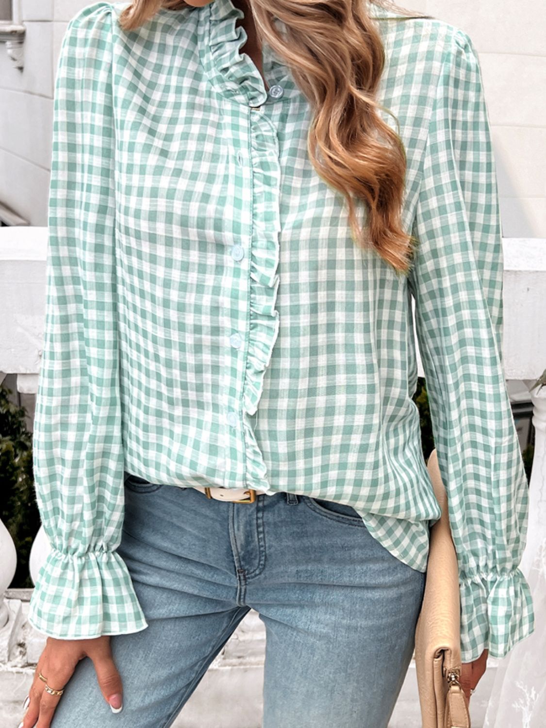 Devine Frill Ruffled Plaid Long Sleeve Shirt