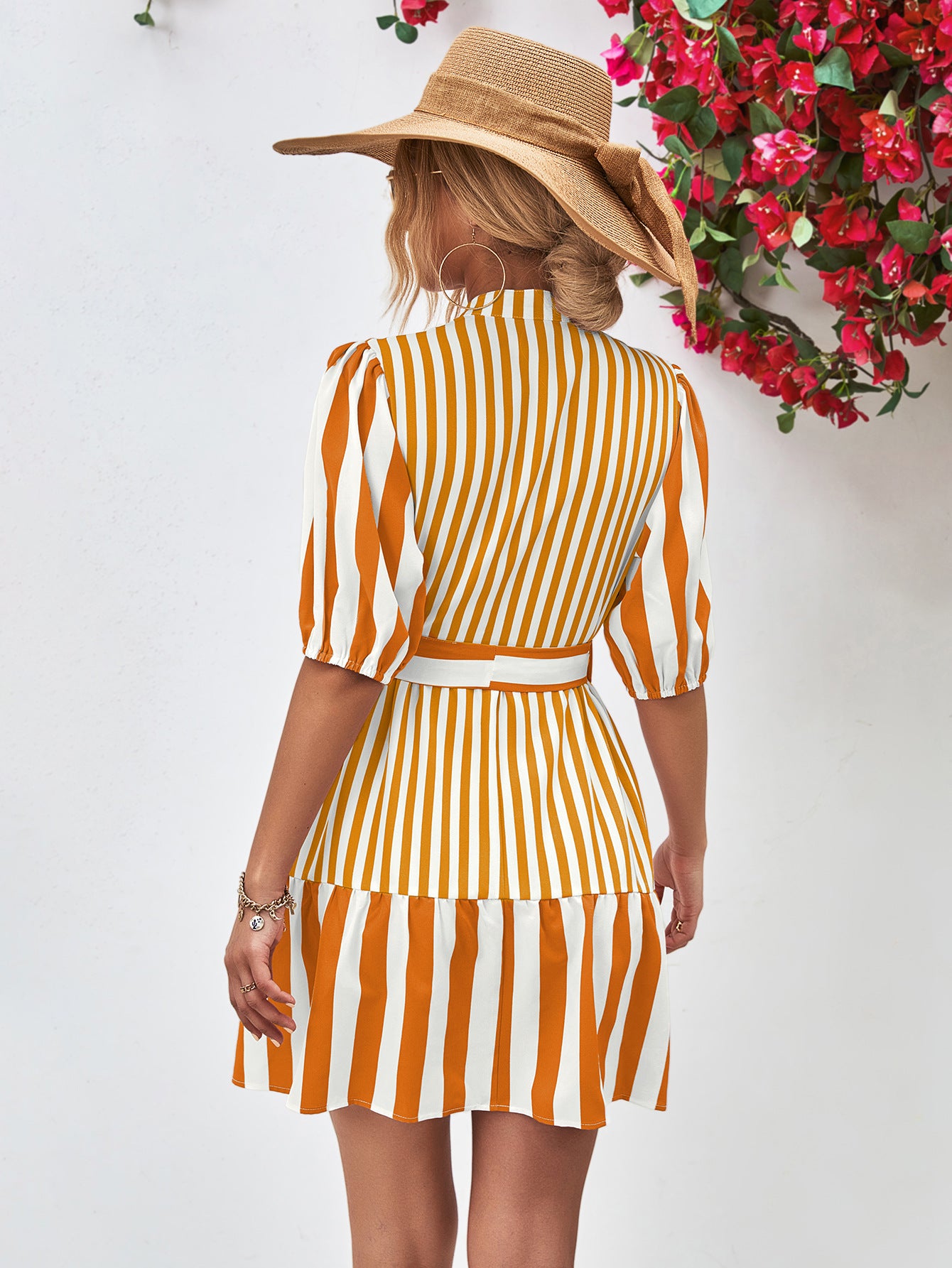 Striped Half Sleeve Tie Waist Mini Dress