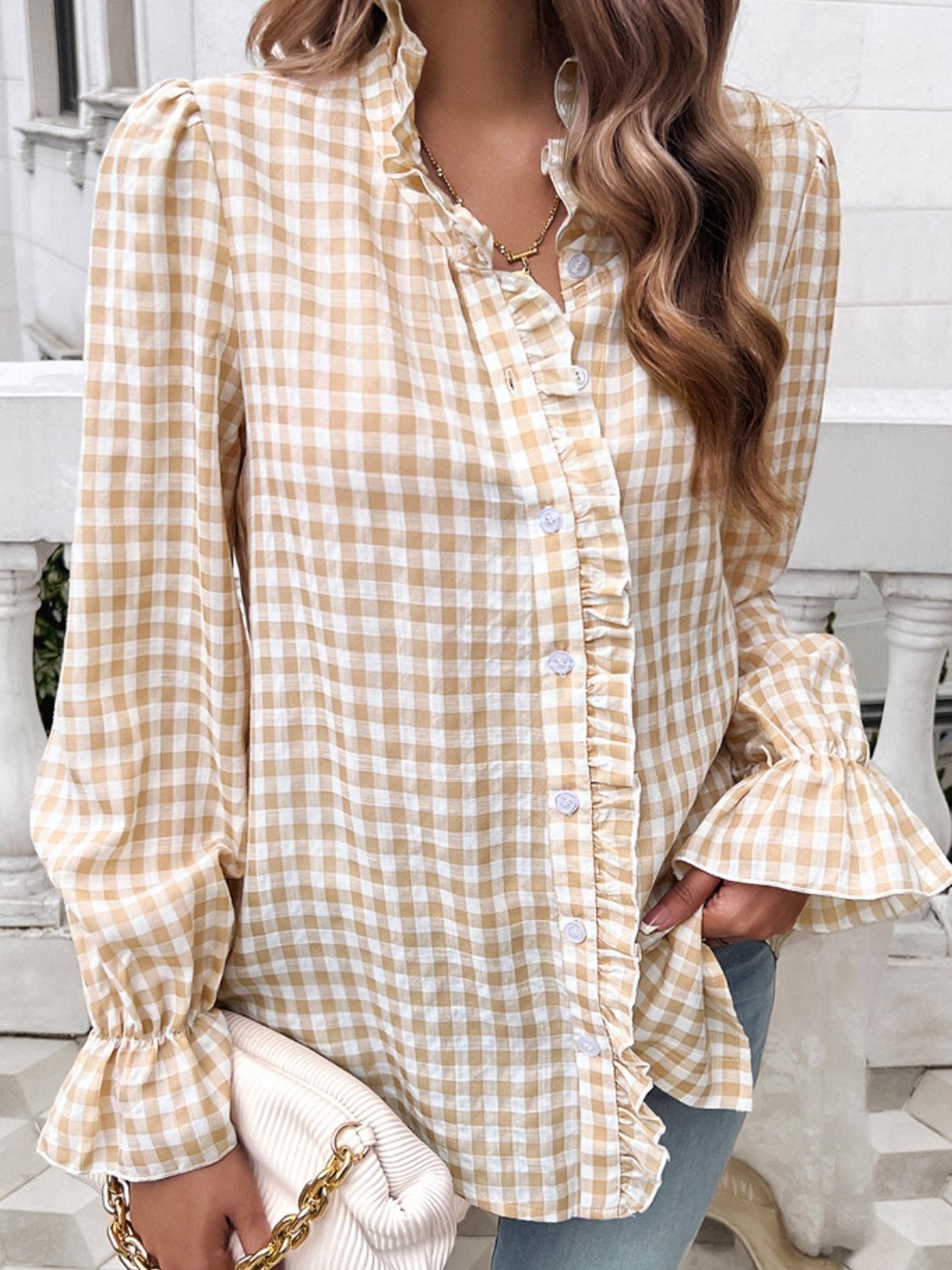 Devine Frill Ruffled Plaid Long Sleeve Shirt