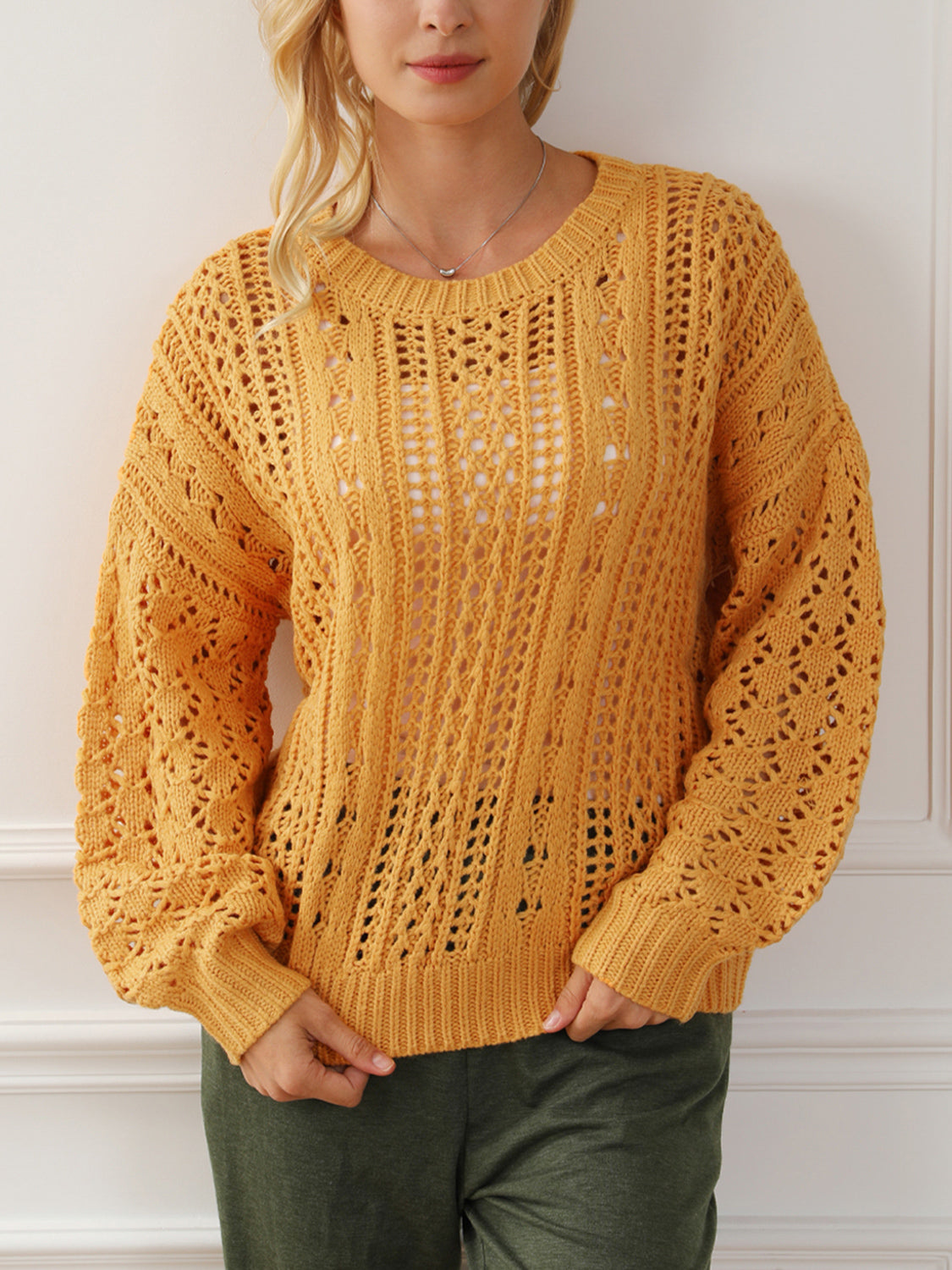 Openwork Round Neck Long Sleeve Sweater