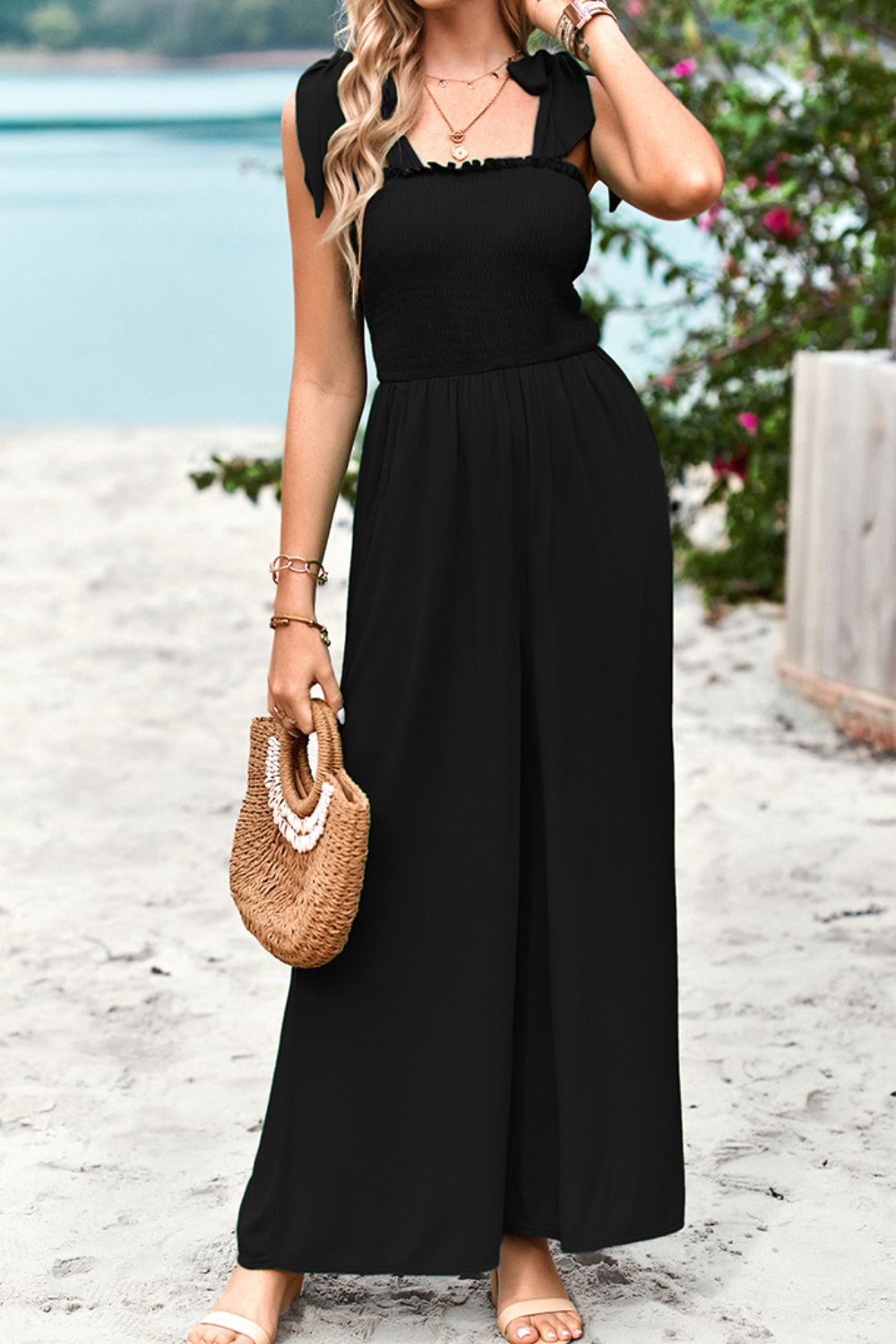 Devine Frill Trim Tie Shoulder Wide Leg Jumpsuit with Pockets