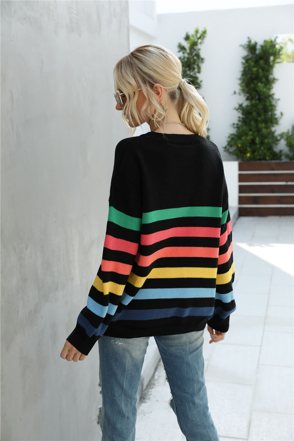 Angel Wings Rainbow Stripe Dropped Shoulder Sweater