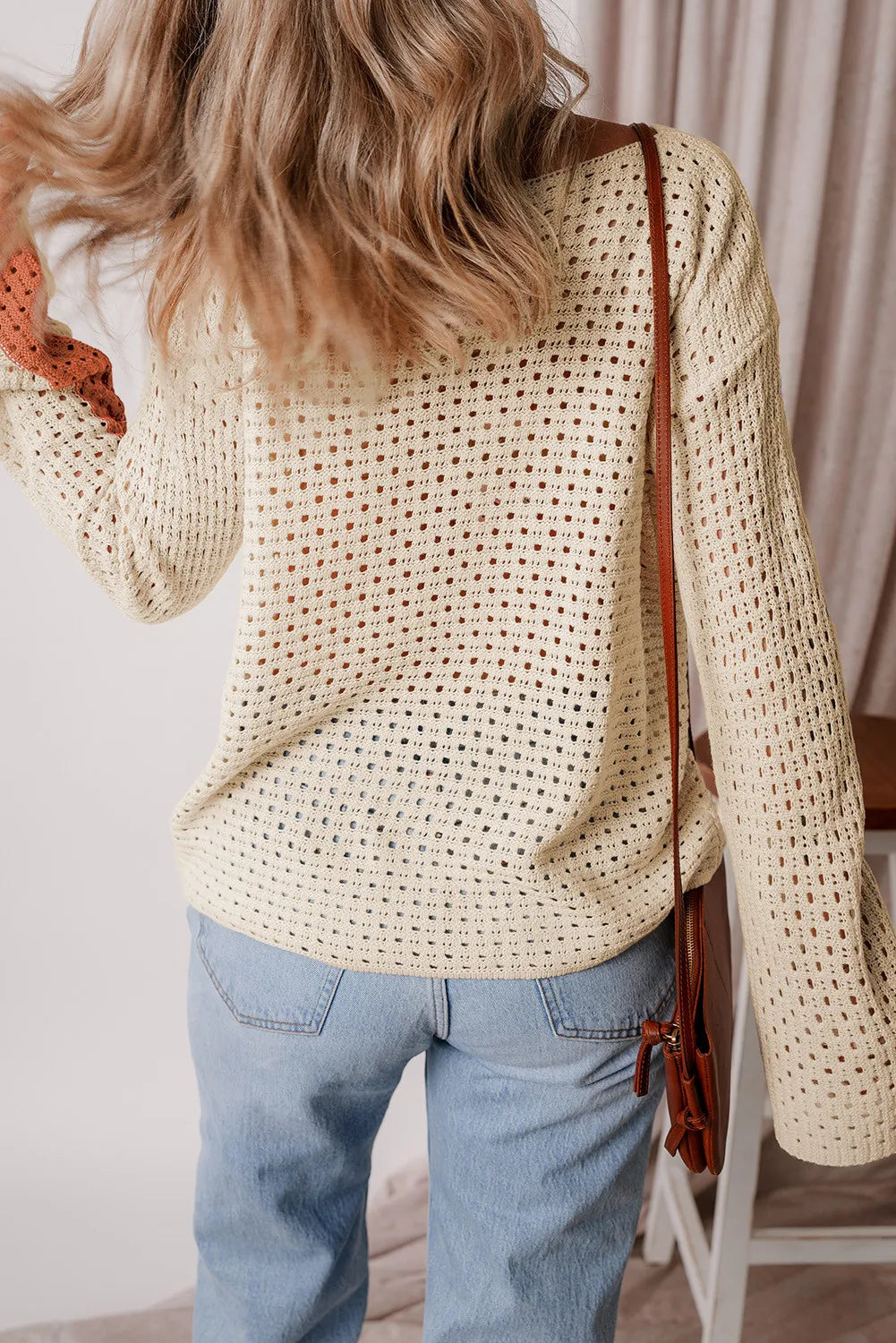 Openwork Color Block Long Sleeve Knit Top