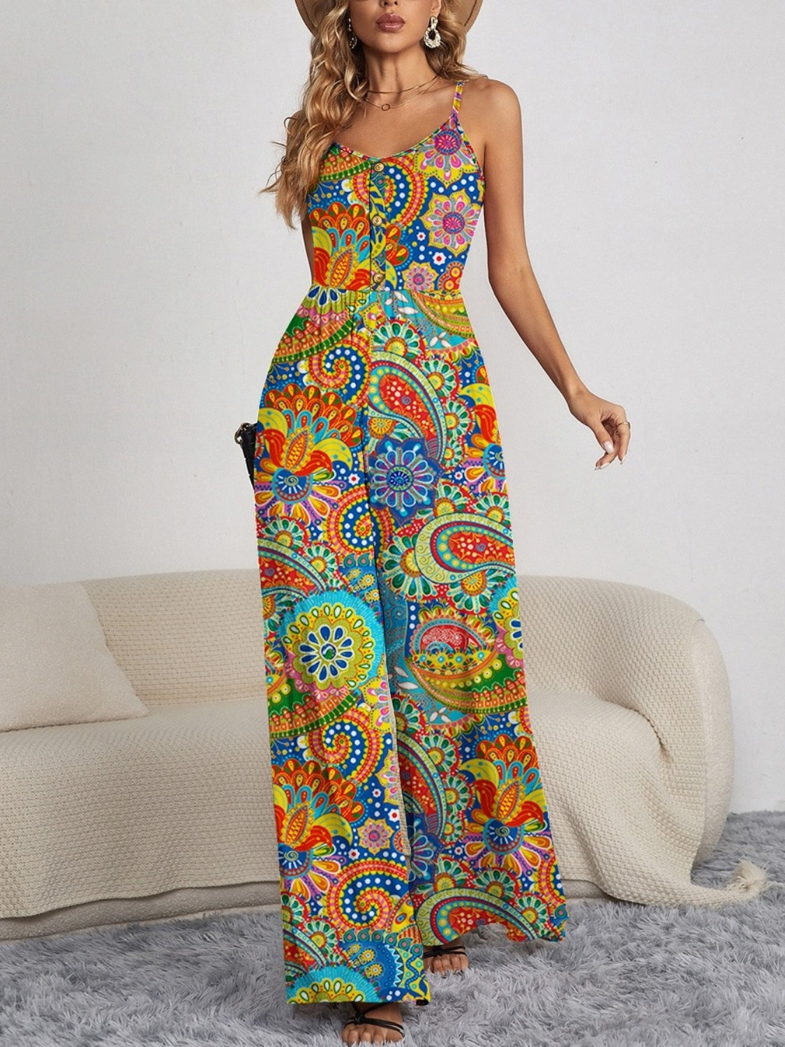 FAM-FAM Decorative Button Spaghetti Strap Wide Leg Jumpsuit