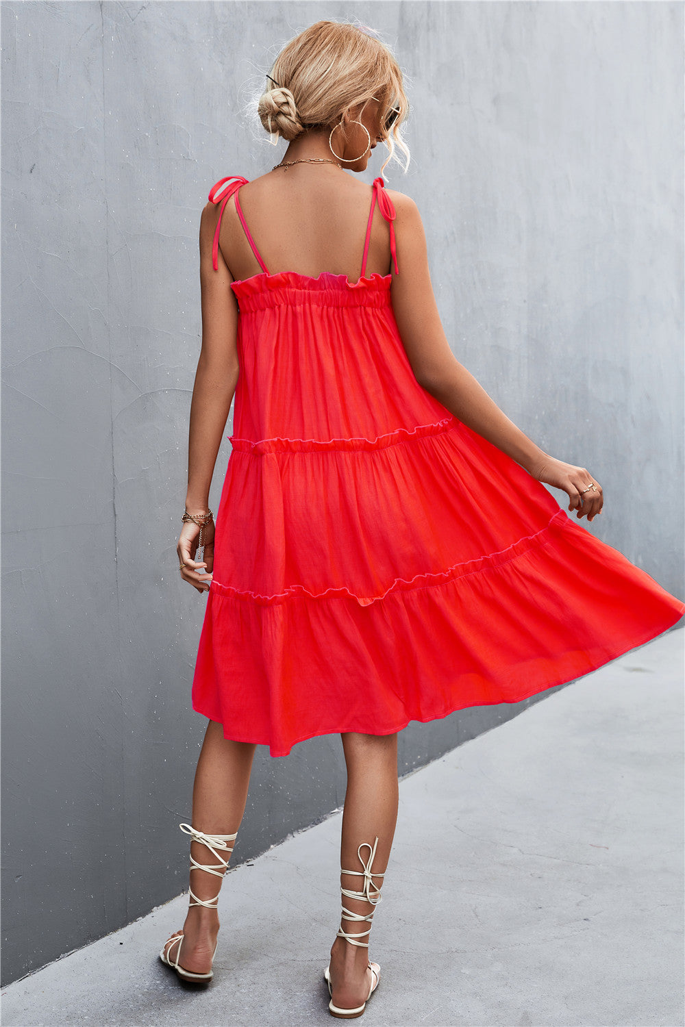 Tie-Shoulder Frill Trim Sleeveless Dress