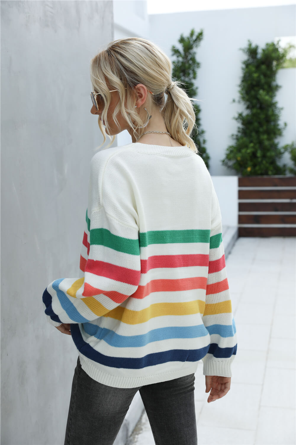 Angel Wings Rainbow Stripe Dropped Shoulder Sweater