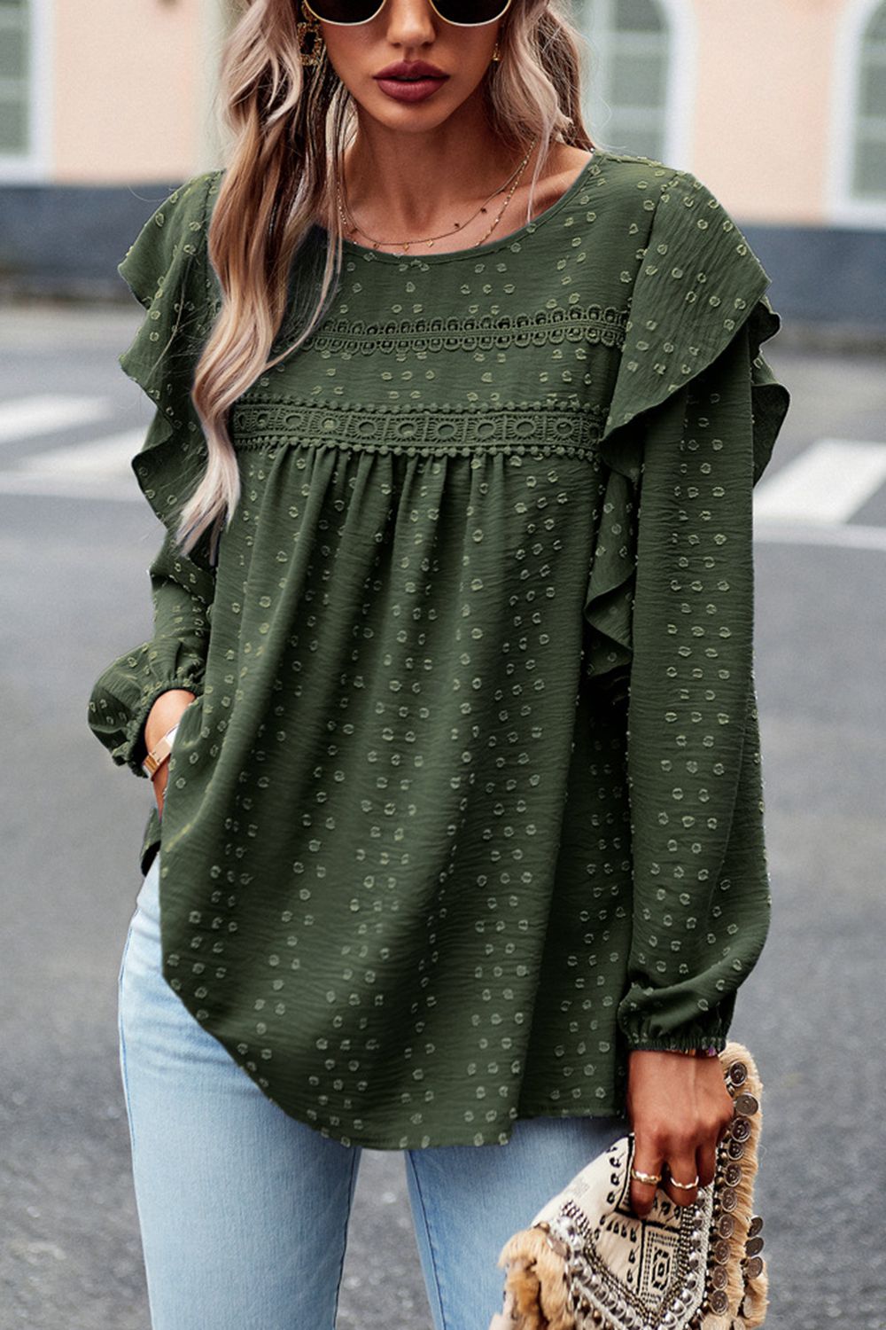 Devine Ruffle Trim Balloon Sleeve Blouse