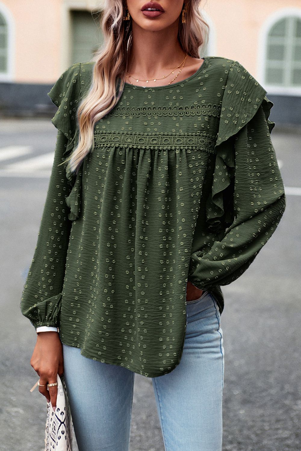 Devine Ruffle Trim Balloon Sleeve Blouse