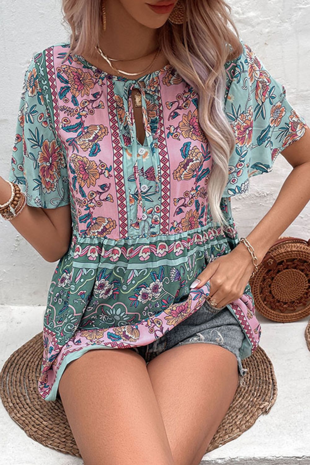 Perfee Bohemian Tie-Neck Flutter Sleeve Blouse