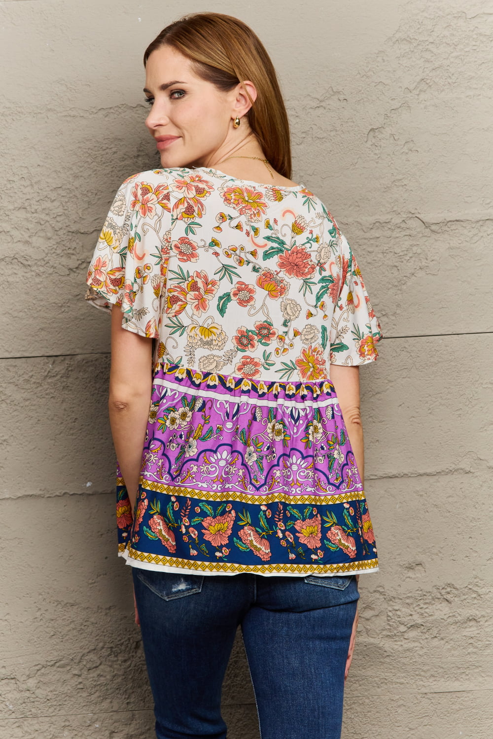 Perfee Bohemian Tie-Neck Flutter Sleeve Blouse