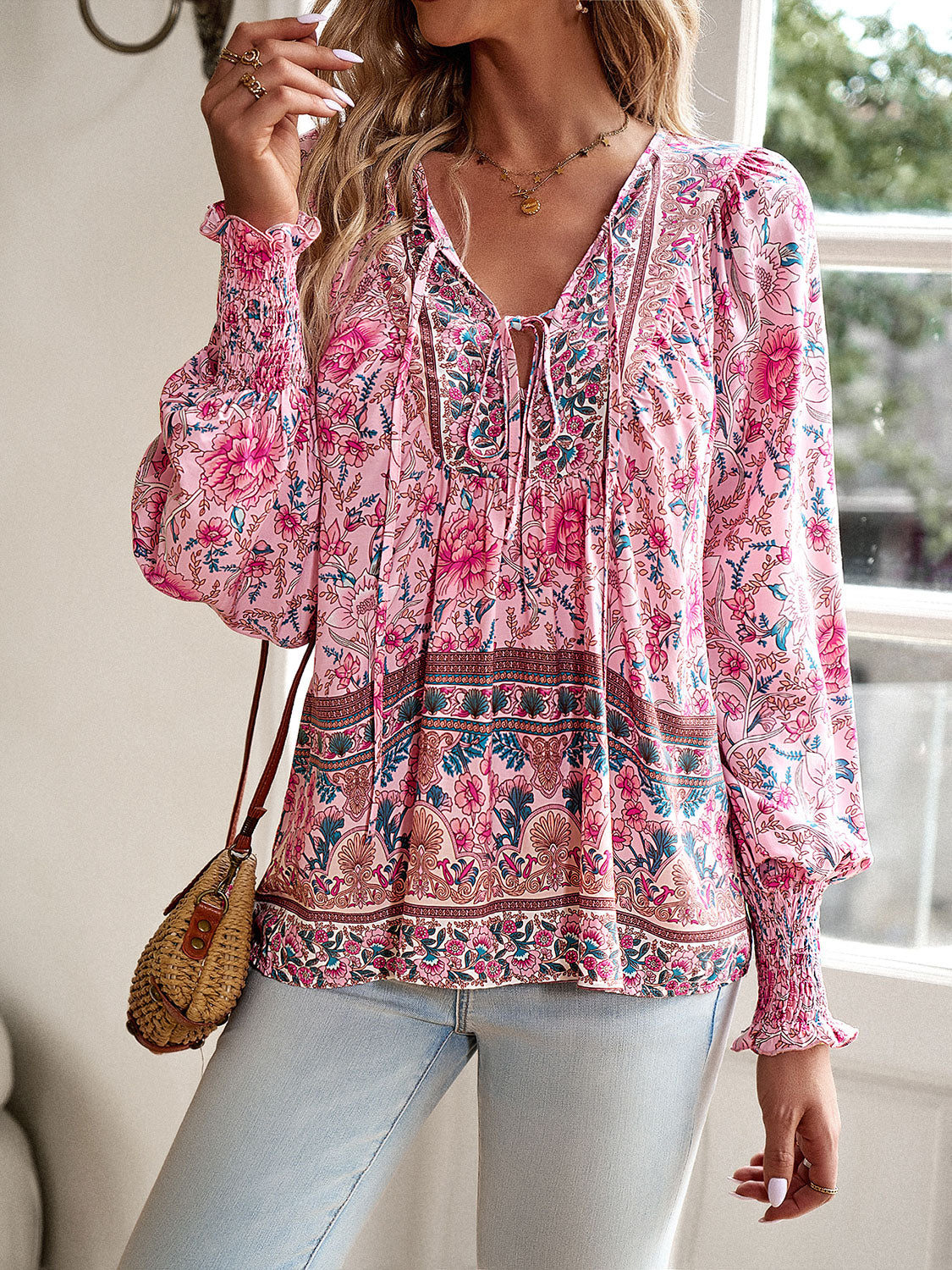 Devine Bohemian Tie Neck Lantern Sleeve Blouse