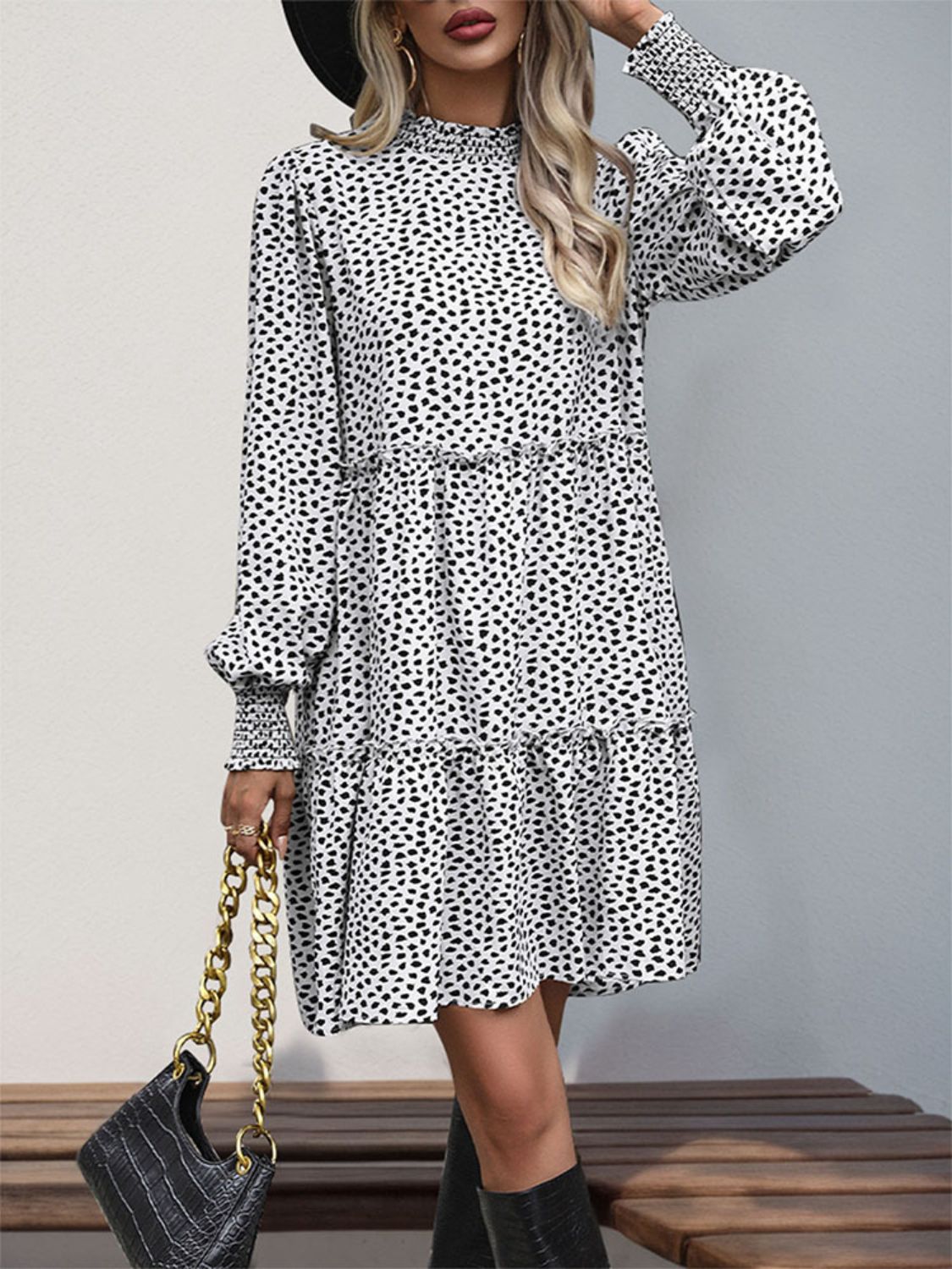 Perfee Frill Printed Mock Neck Long Sleeve Mini Dress