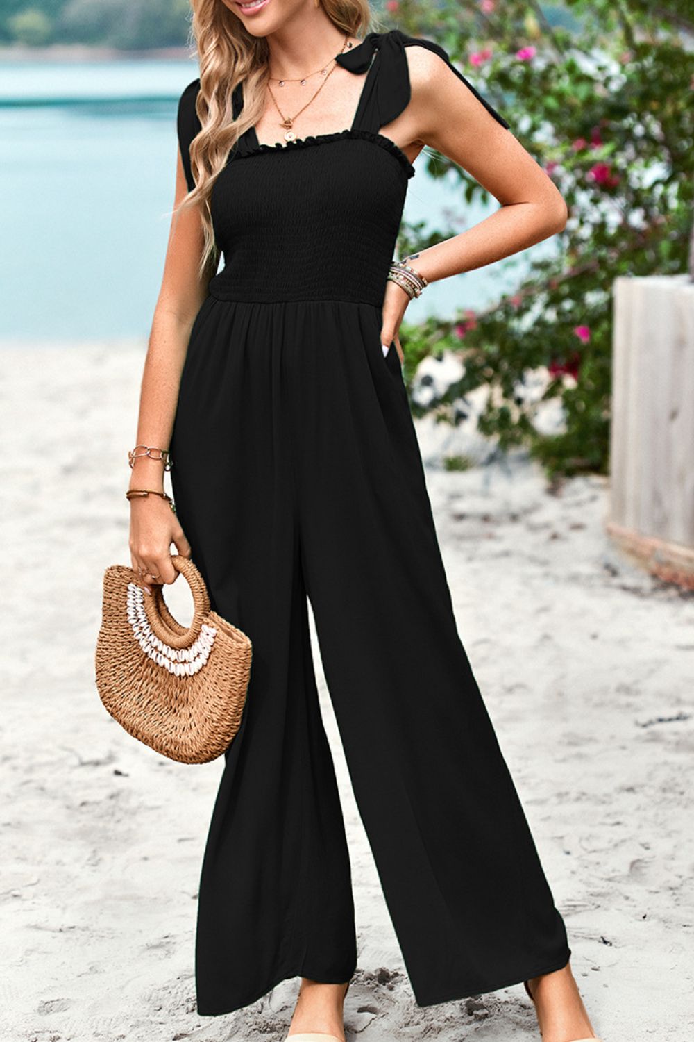 Devine Frill Trim Tie Shoulder Wide Leg Jumpsuit with Pockets