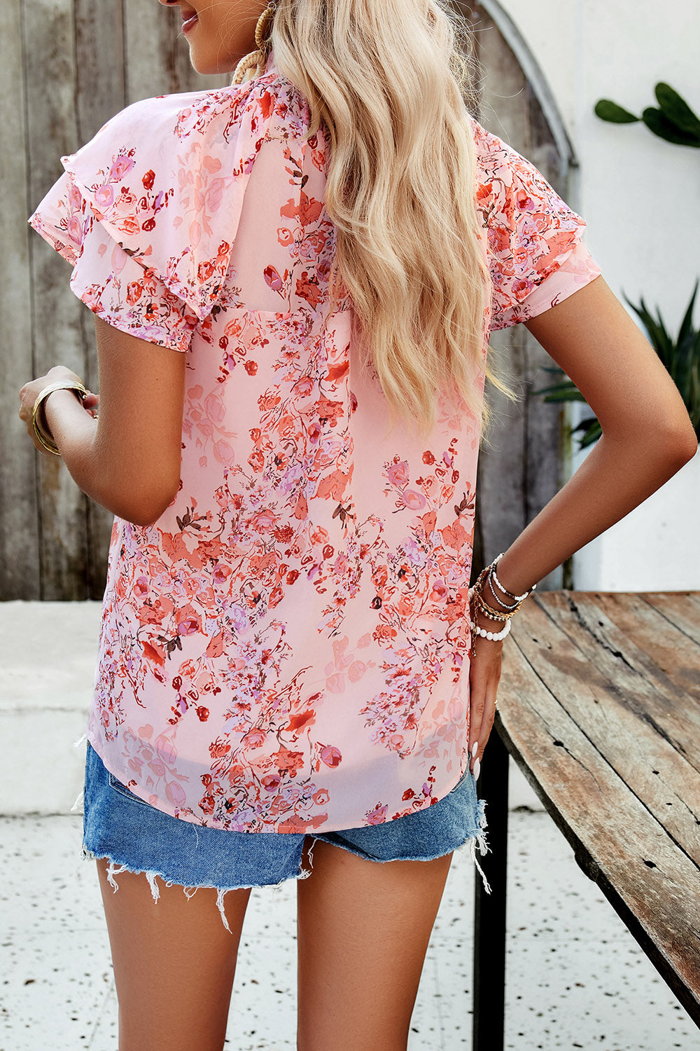 Devine Printed Ruffled Mock Neck Blouse