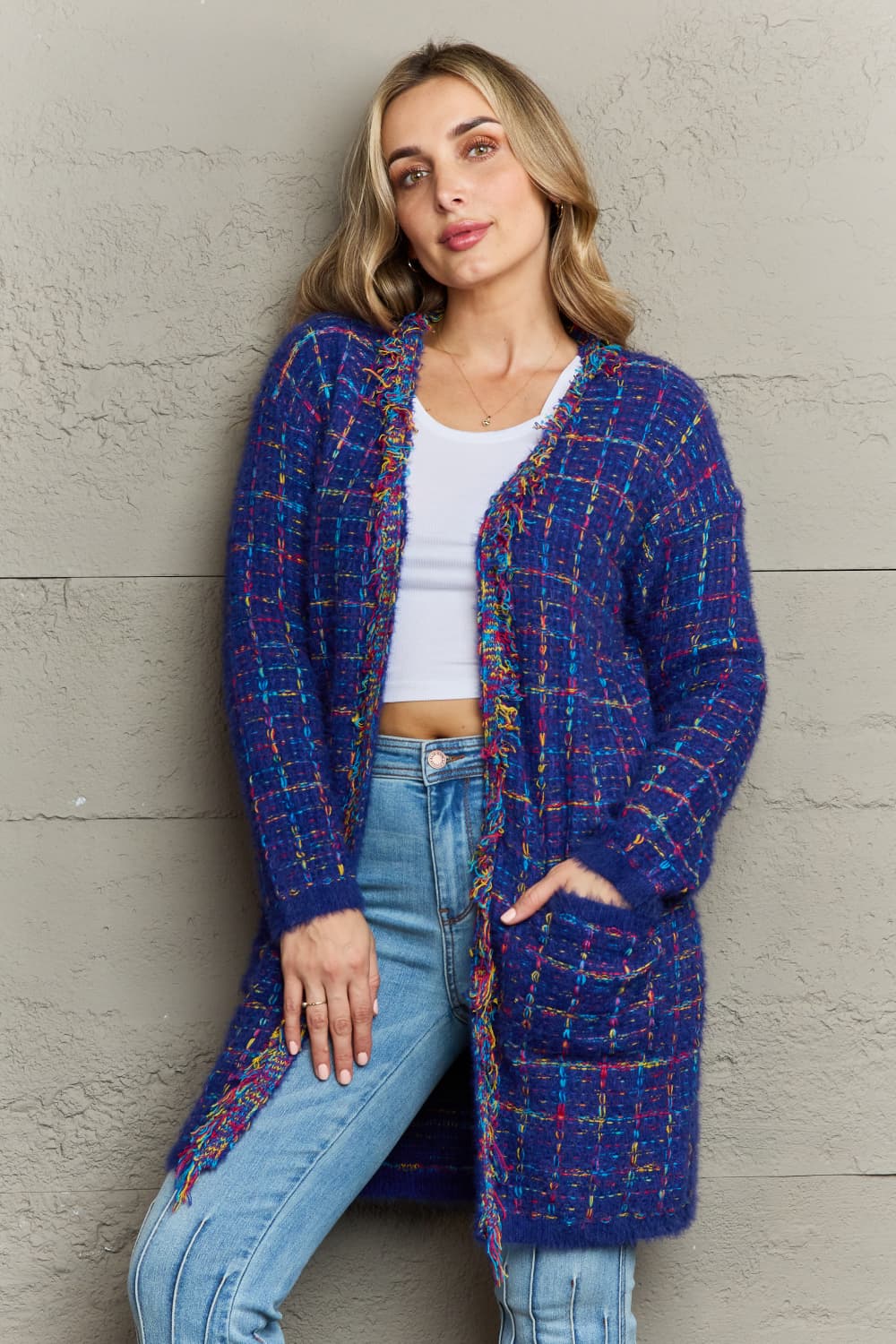 Angel Wings Plaid Fringe Trim Open Front Longline Cardigan