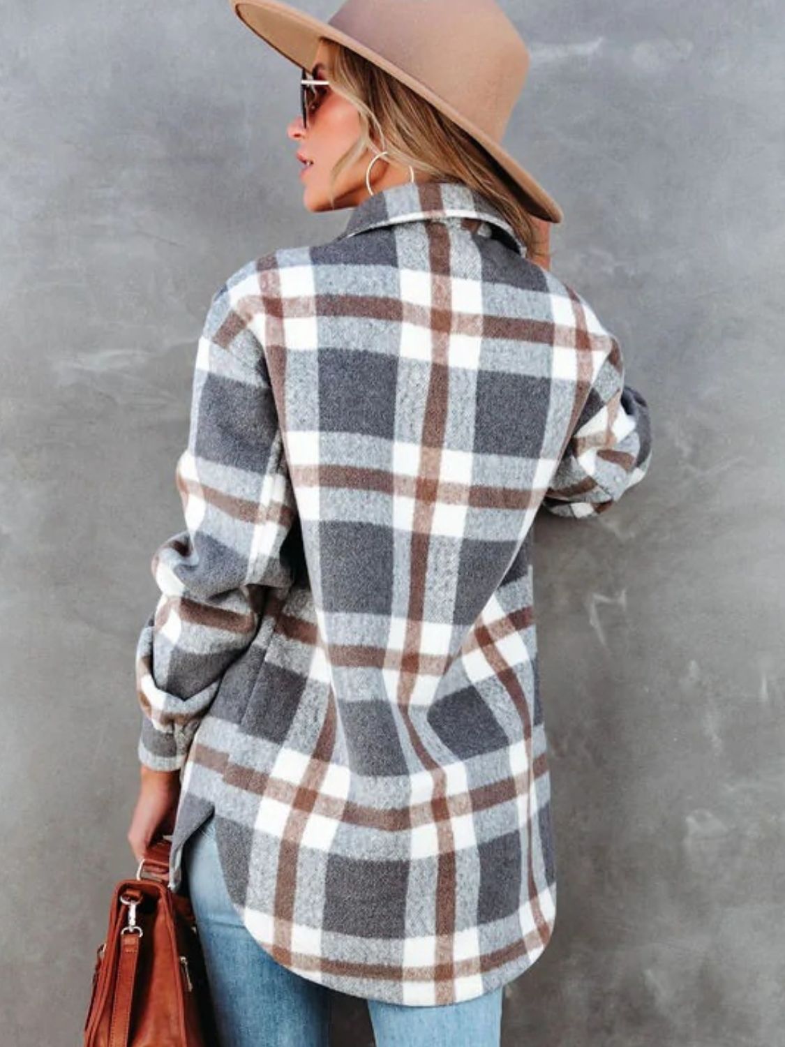 Plaid Collared Neck Long Sleeve Jacket