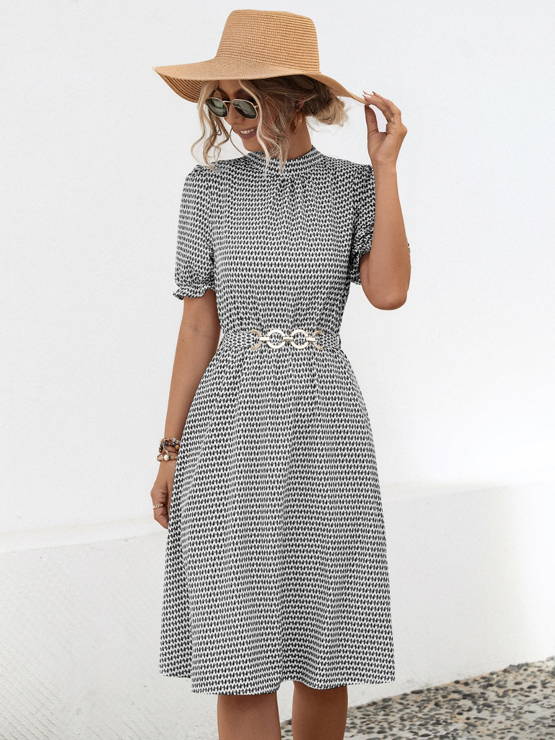 Printed Mock Neck Flounce Sleeve Dress