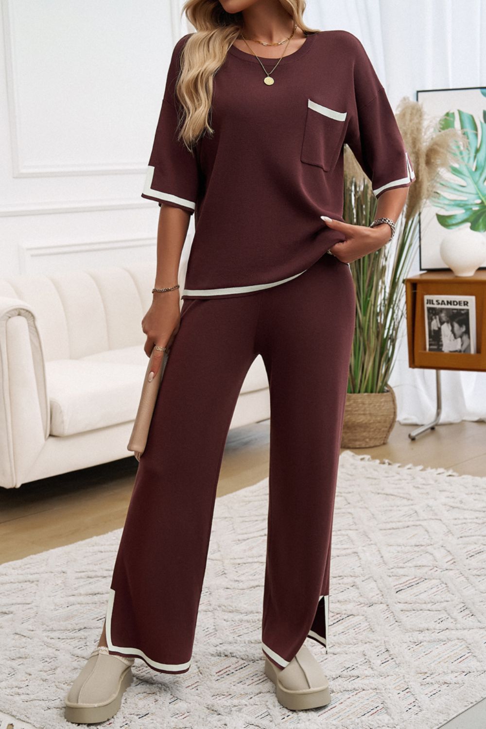 Devine Contrast Trim Half Sleeve Top and Pants Set