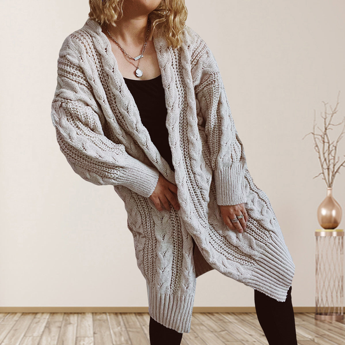 Cable-Knit Open Front Dropped Shoulder Cardigan