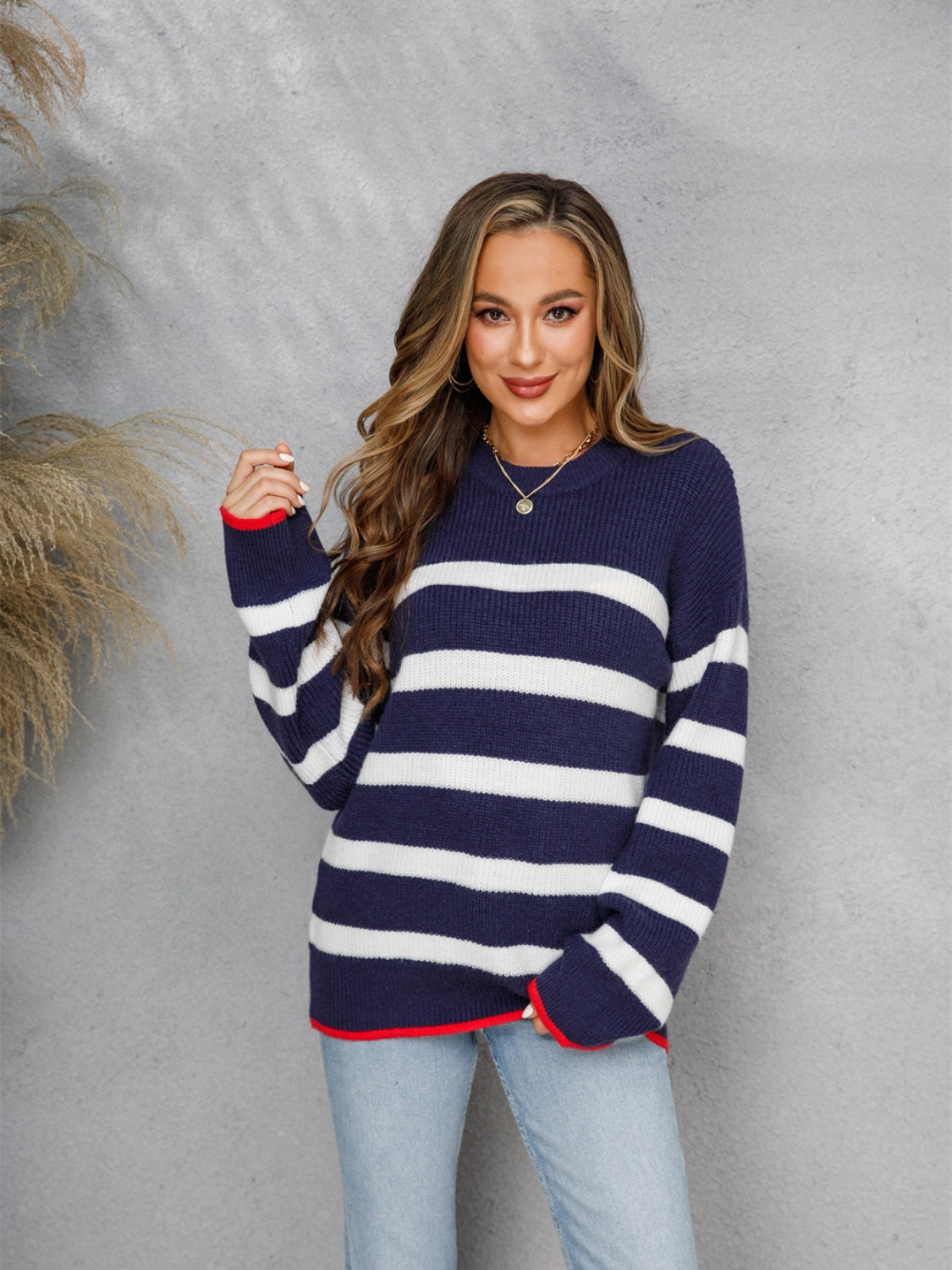 Angel Wings Striped Round Neck Dropped Shoulder Sweater