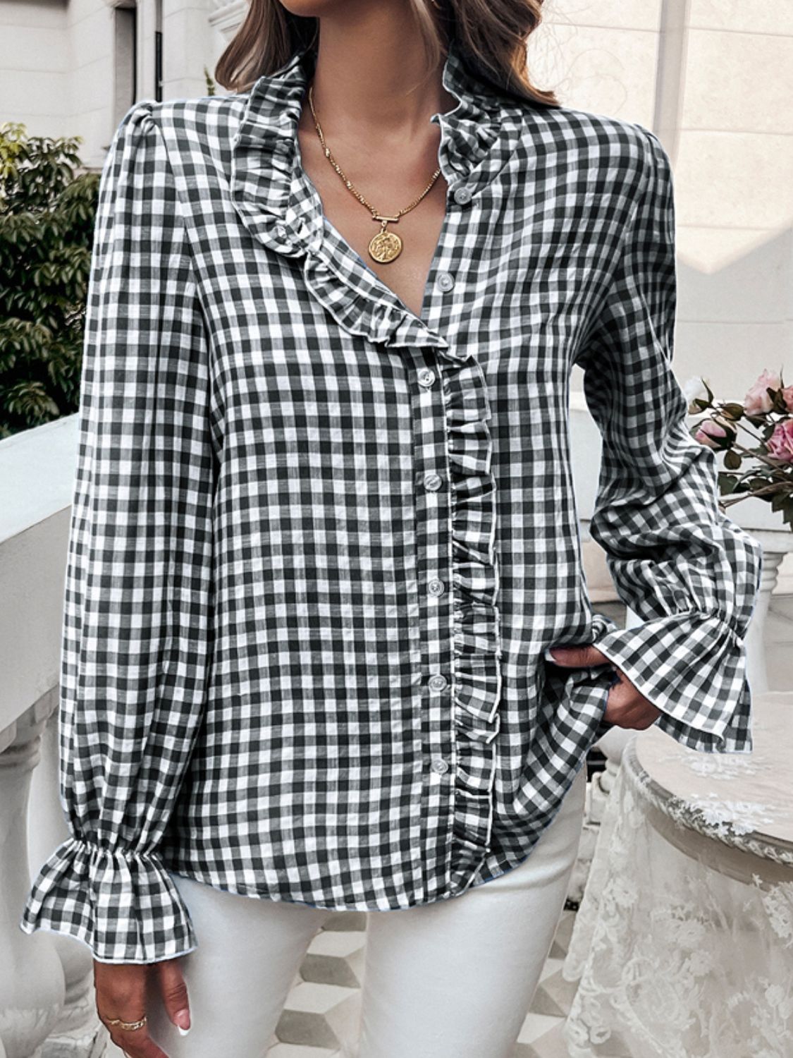 Devine Frill Ruffled Plaid Long Sleeve Shirt