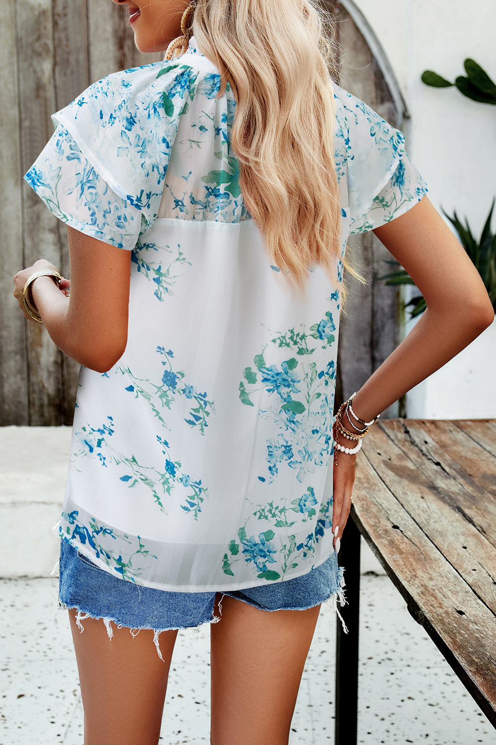 Devine Printed Ruffled Mock Neck Blouse