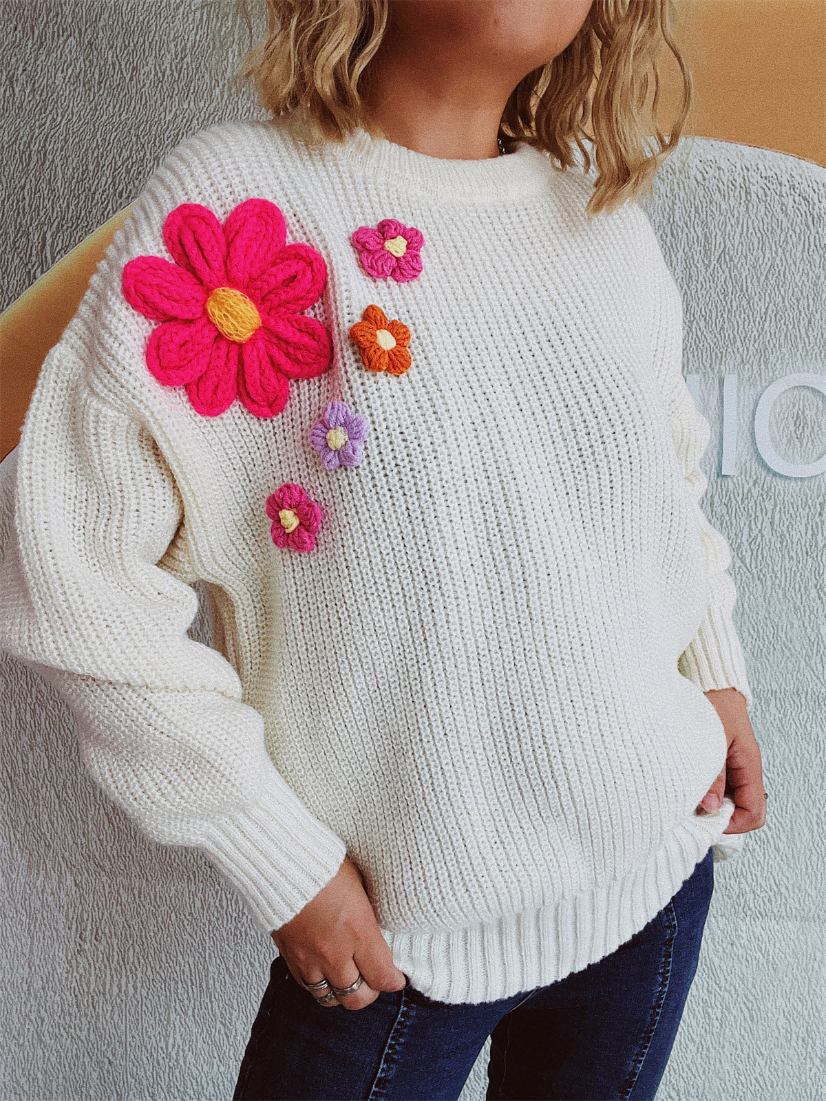 Crochet Flower Round Neck Dropped Shoulder Sweater