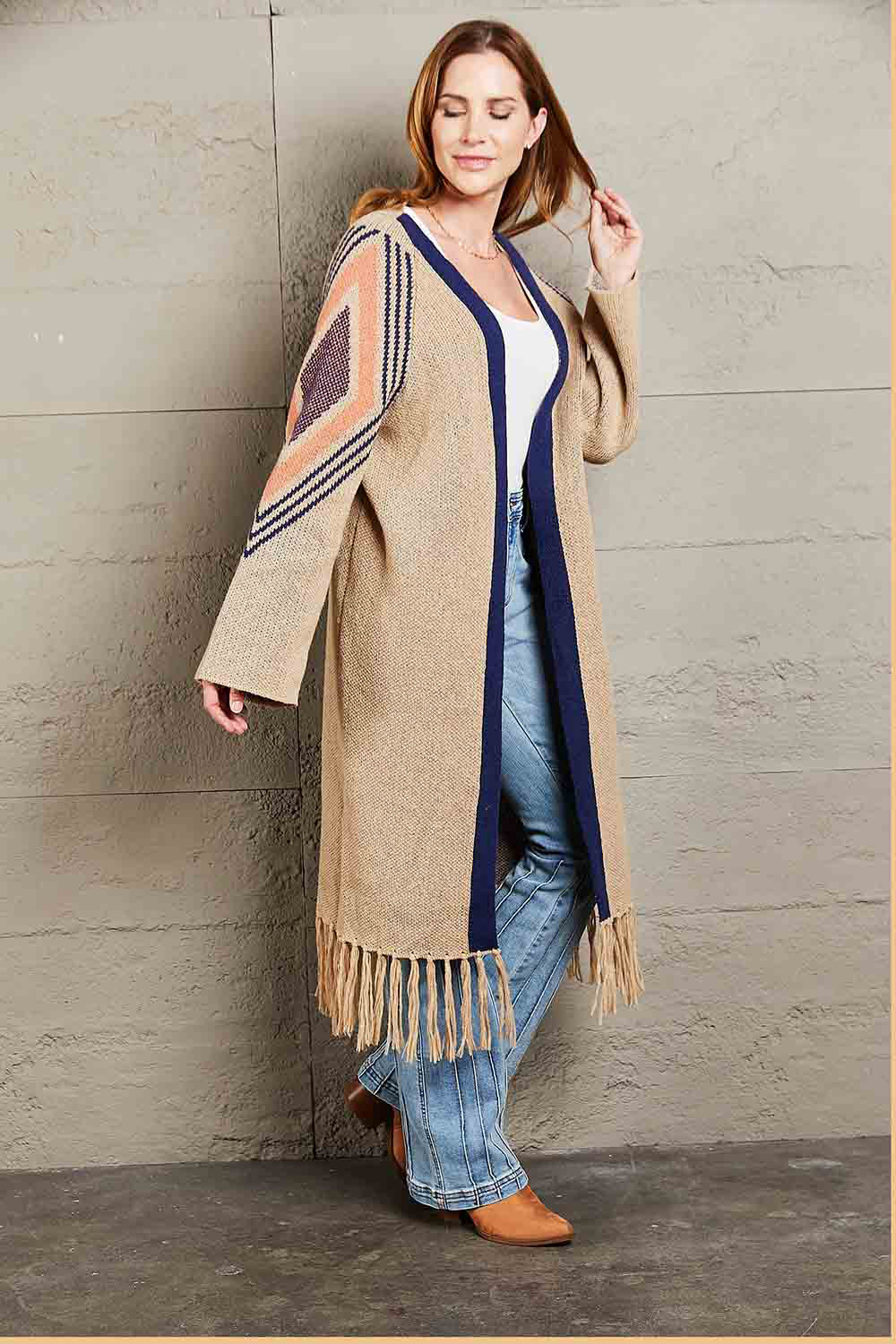 Angel Wings Geometric Fringe Hem Open Front Duster Cardigan