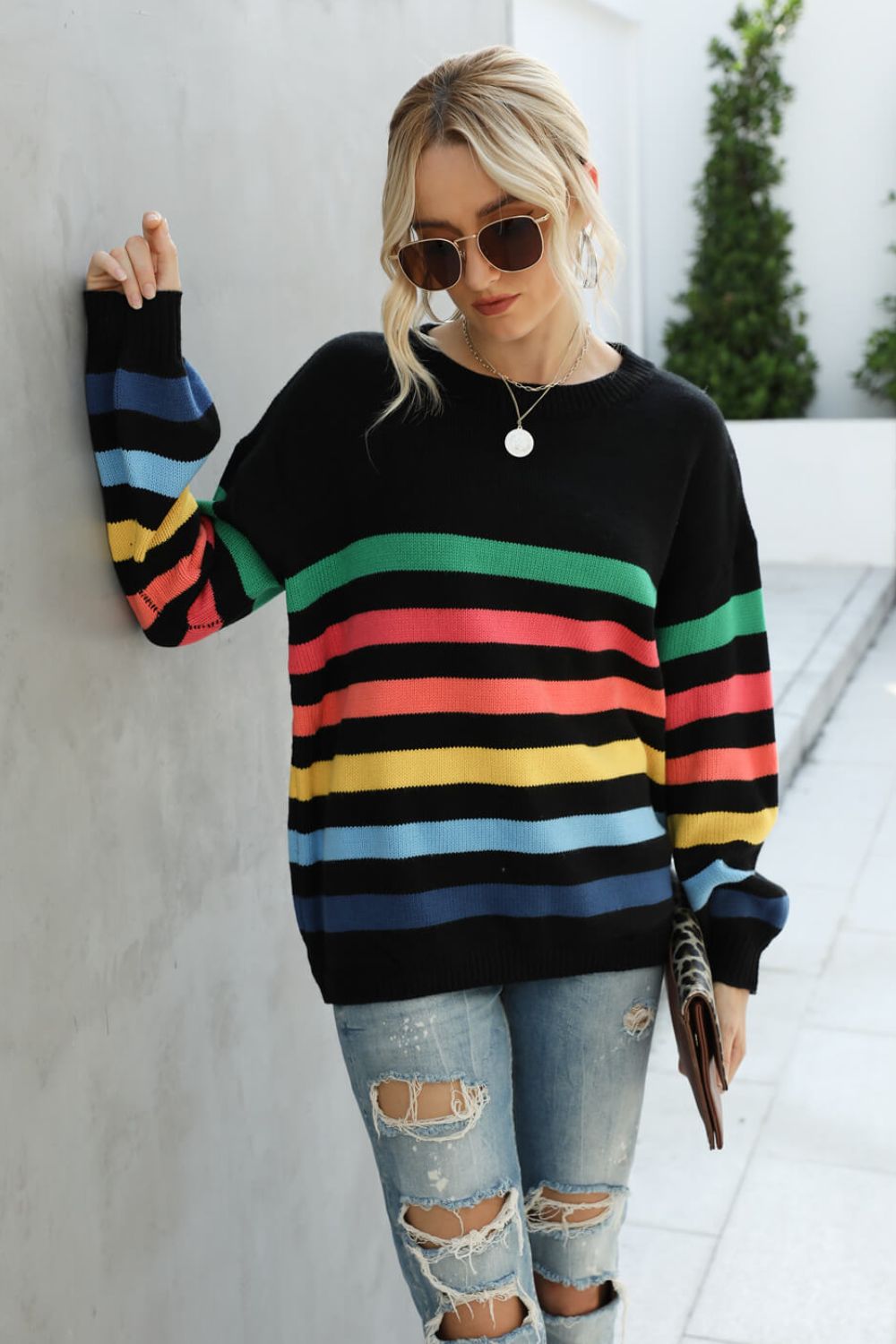 Angel Wings Rainbow Stripe Dropped Shoulder Sweater