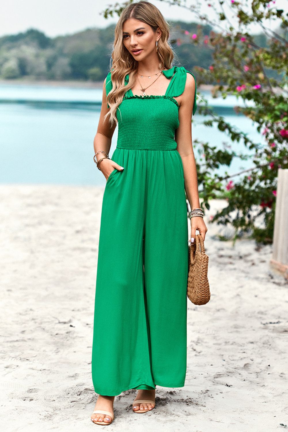 Devine Frill Trim Tie Shoulder Wide Leg Jumpsuit with Pockets