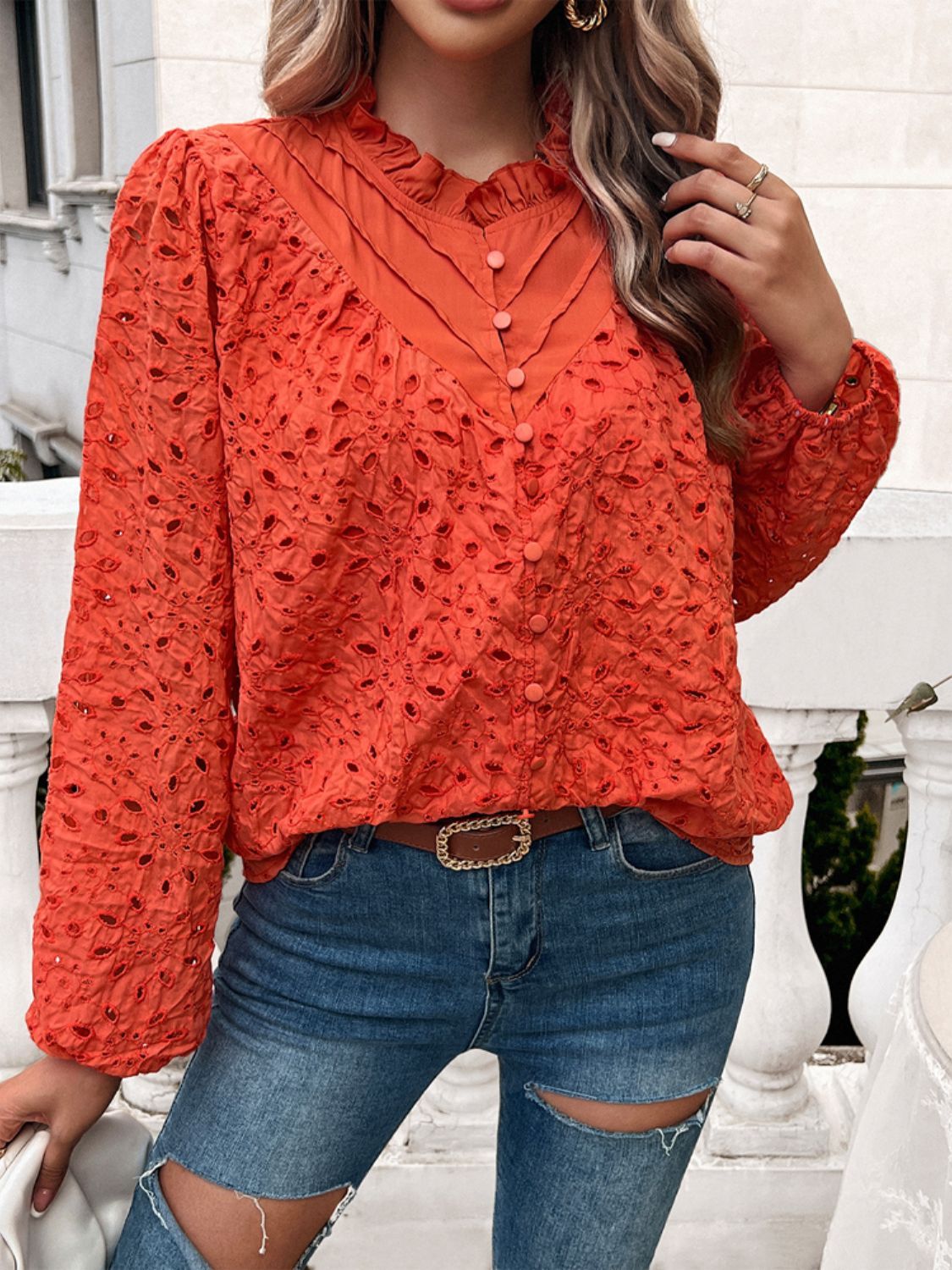 Devine Frill Round Neck Long Sleeve Shirt