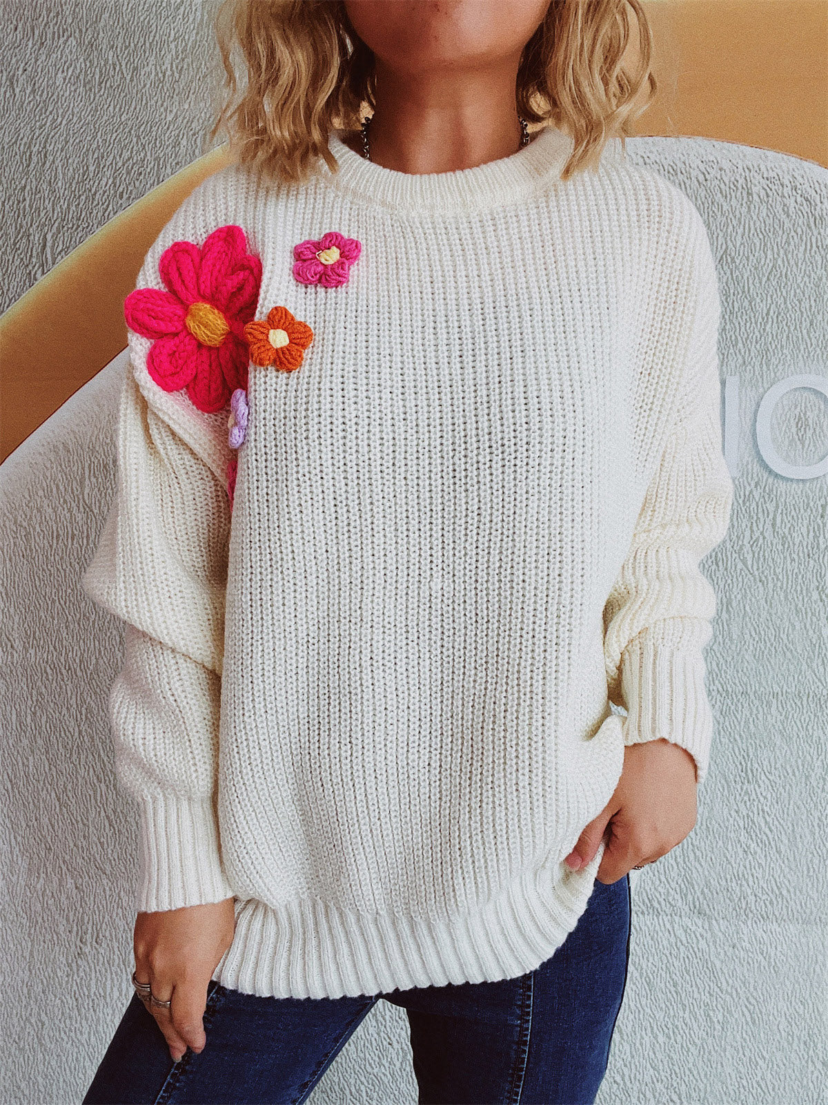 Crochet Flower Round Neck Dropped Shoulder Sweater